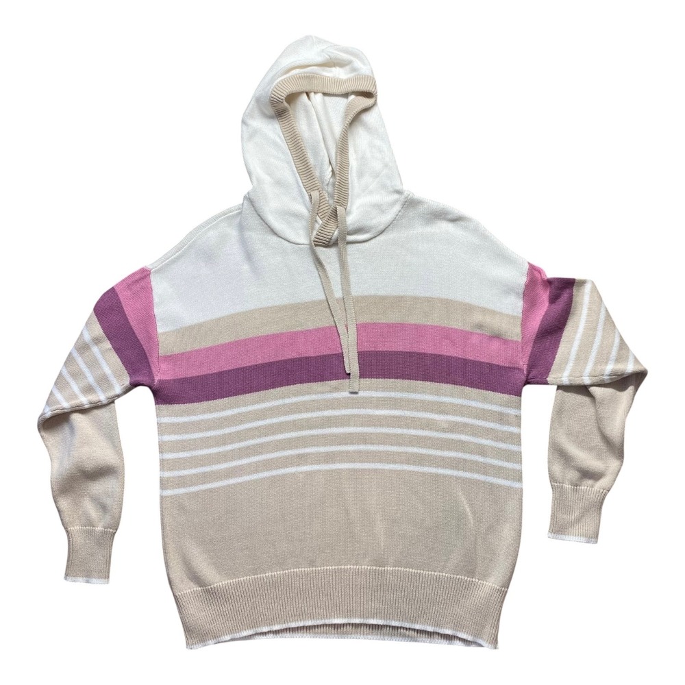 Loft Outlet Womens Large‎ Striped Hooded Sweater Pink Purple Beige White